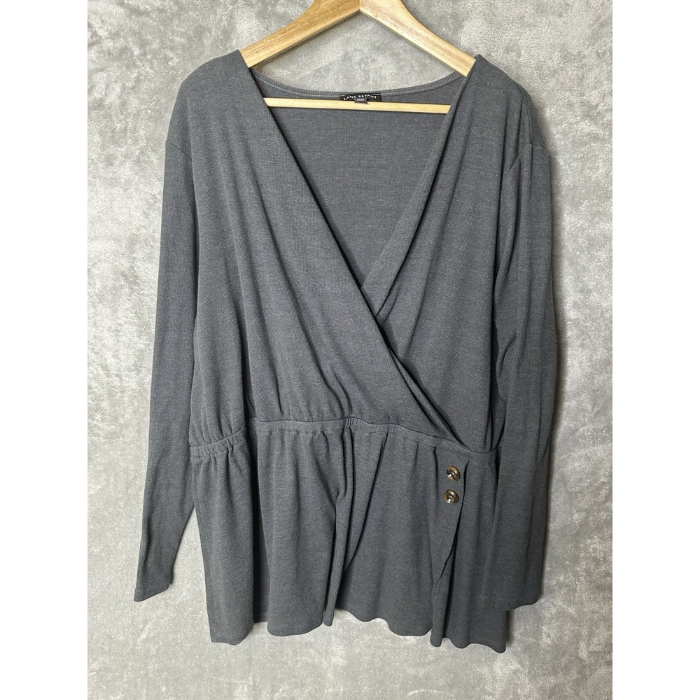 Lane Bryant Shirt Womens 26/28 Gray Ribbed Long Sleeve Vneck Wrap‎